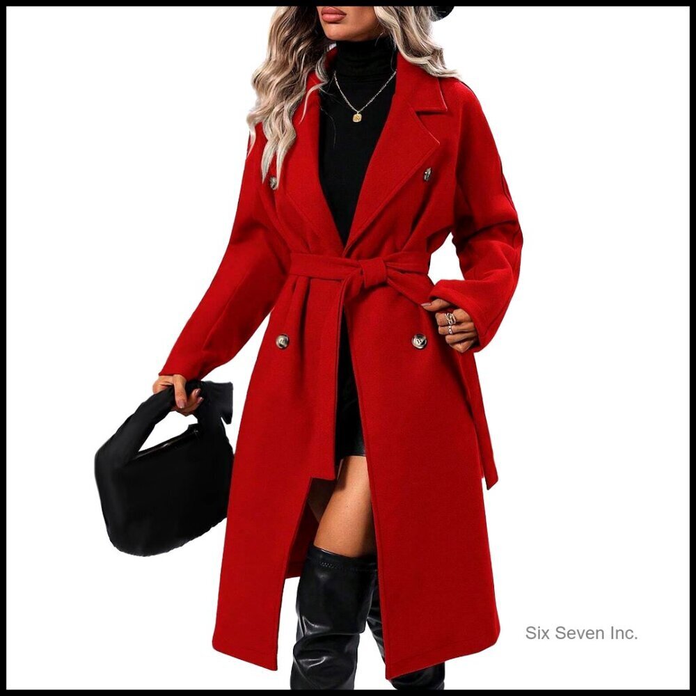 Elegant Double Breasted Wool Pea Coat Notch Lapel Long Trench Belted Classic